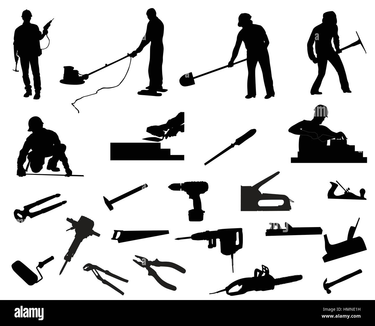 Silhouettes of workers and their tools, different professions Stock