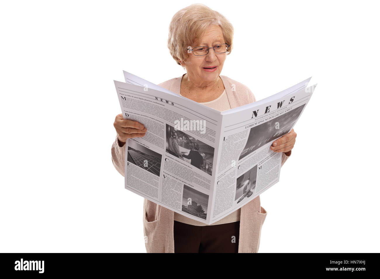 Mature Woman Reading A Newspaper Isolated On White Background Stock