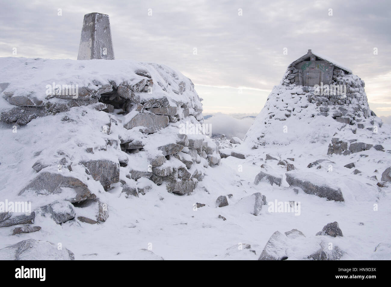 Ben nevis, highest mountain in great britain the summit cairn and Stock Photo, Royalty Free Ben nevis, highest mountain in great britain the summit cairn and Stock Photo, Royalty Free