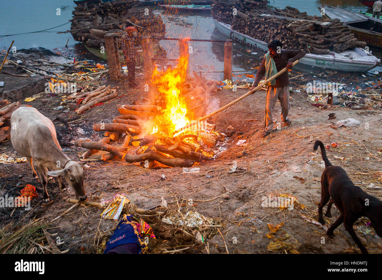 Cremation of a body, in Manikarnika Ghat, the burning ghat, on the