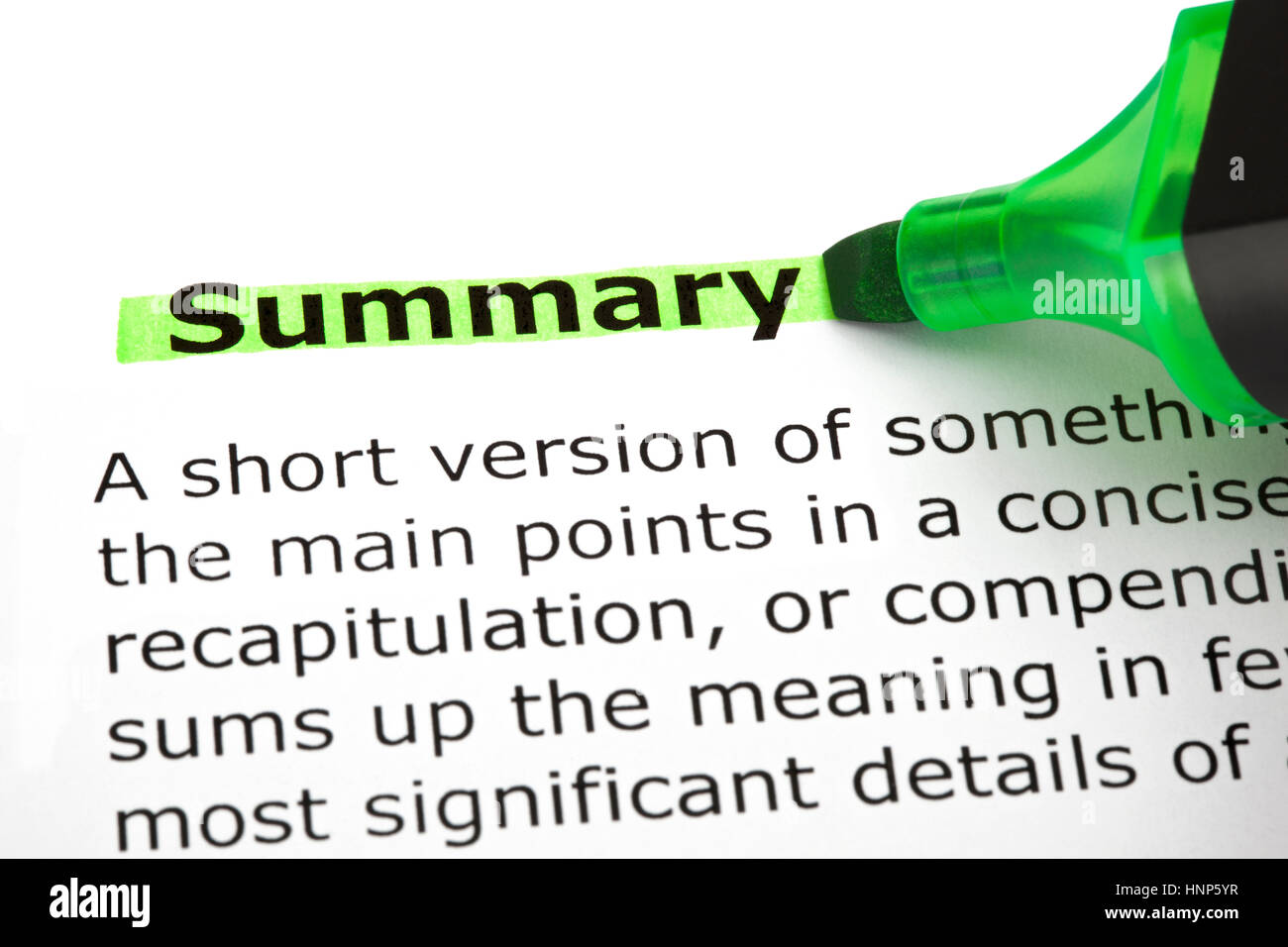 dictionary definition of the word summary highlighted with green marker HNP5YR
