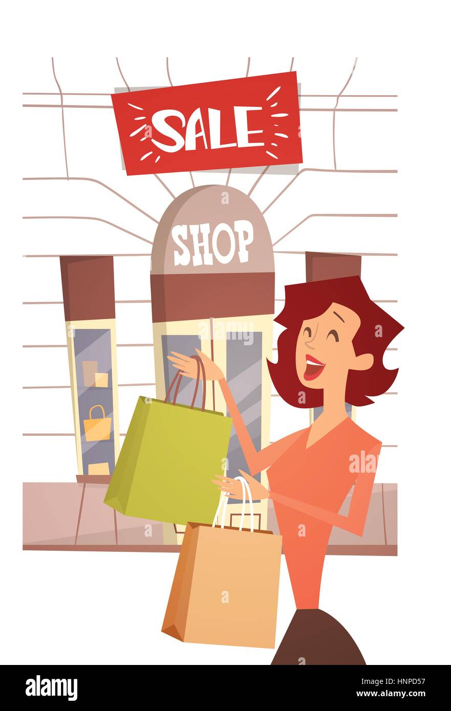 Cartoon Woman With Shopping Bag Big Sale Banner Retial Store Exterior Stock Vector Art ...
