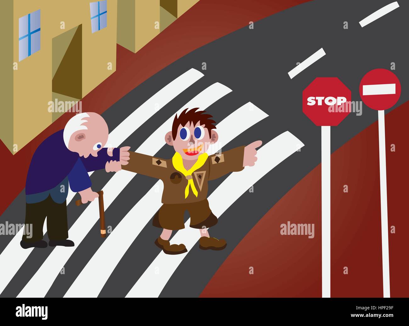 a boy scout helping an elderly man cross a road Stock Vector Art