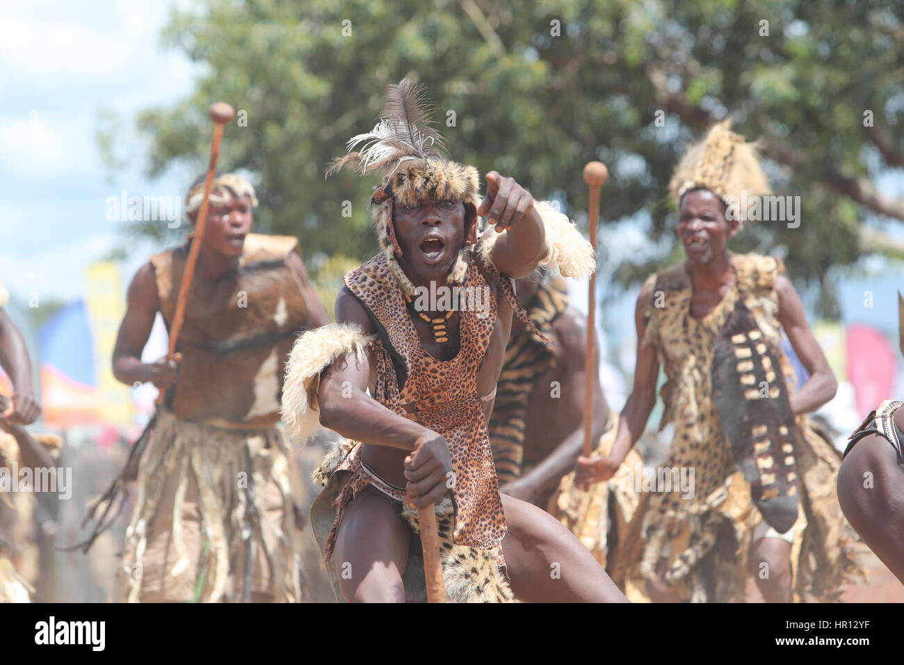 Chipata, Zambia. 25th Feb, 2017. Ngoni people dance during the Ncwala