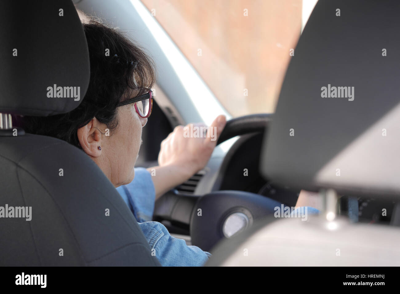 Smiling Brunette Mature Woman Driving Car Stock Photo Alamy