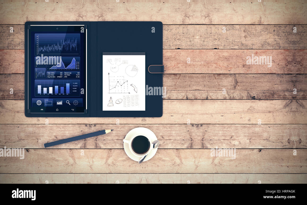 Tablet Pc With A Financial App And A Notepad With Sketches On