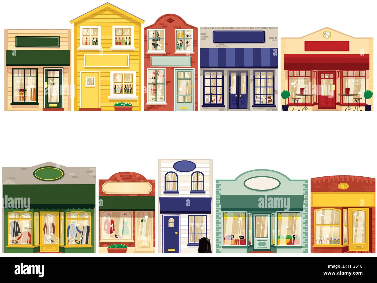 Ten illustrations of different and unique boutique style shops Stock