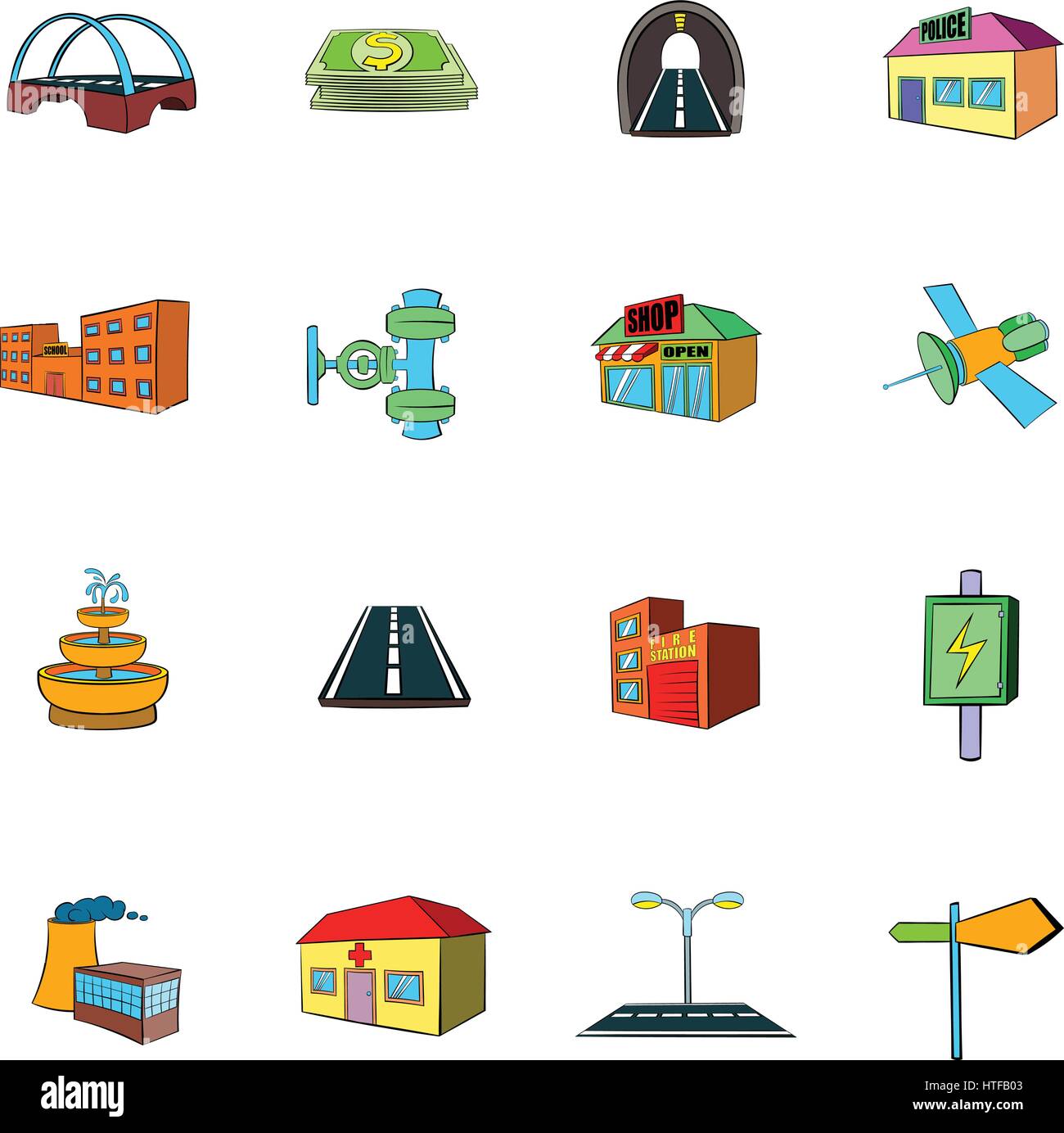 Urban Infrastructure Icons Set In Cartoon Style Isolated On White