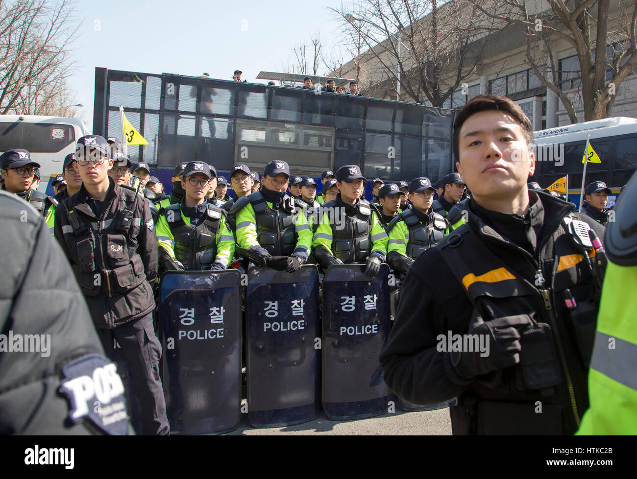 south korea politics, mar 10, 2017 : policemen block the road near south korea politics, mar 10, 2017 : policemen block the road near