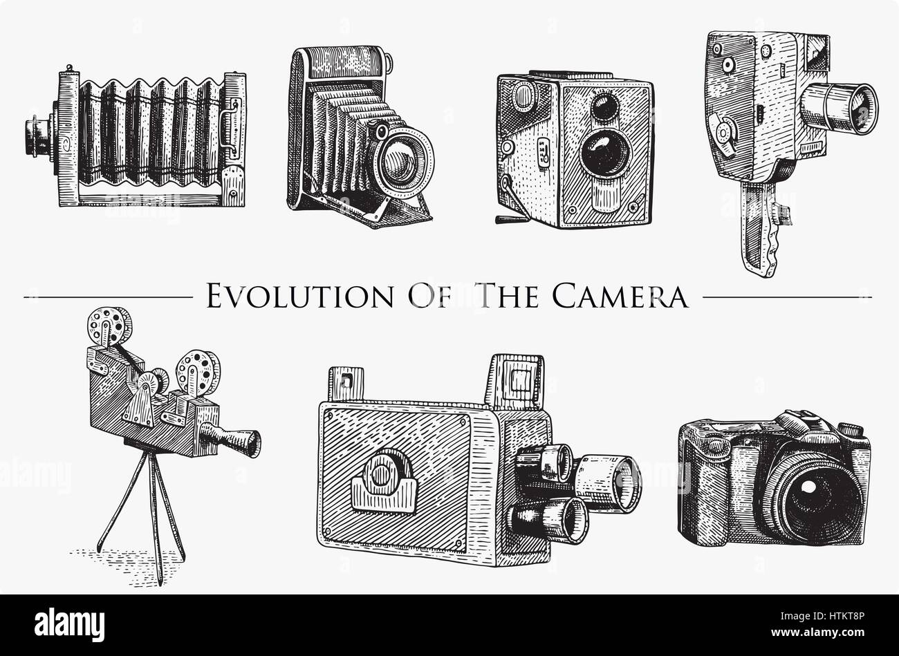 evolution of the photo, video, film, movie camera from first till now Stock Vector Art