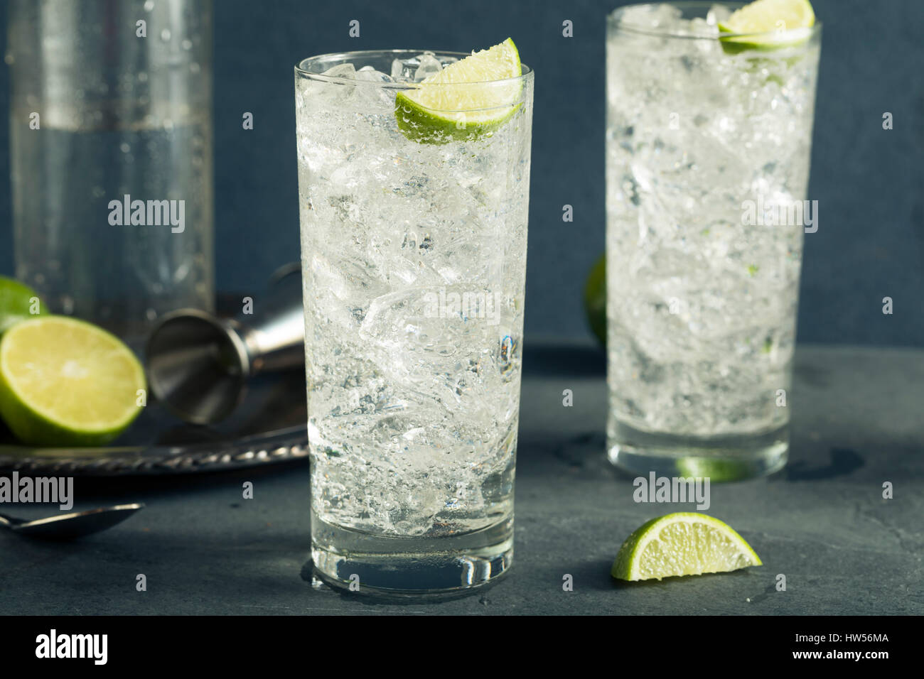 Alcoholic Vodka Tonic Highball Cocktail with a Lime Garnish Stock Photo