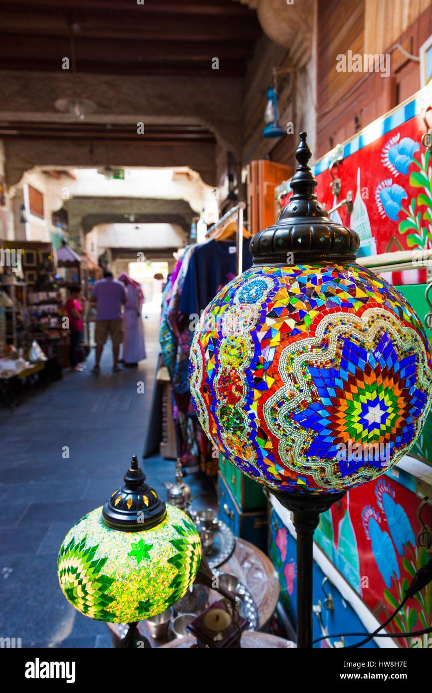 Qatar, Doha, Souq Waqif, redeveloped bazaar area, traditional lamps