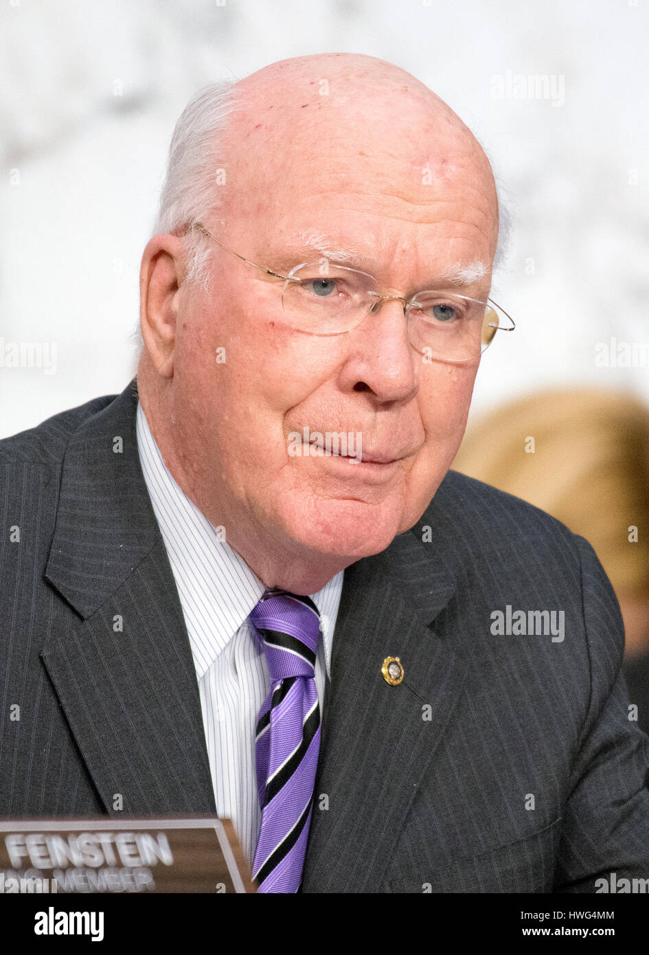 United States Senator Pat Leahy (Democrat of Vermont) questions Judge