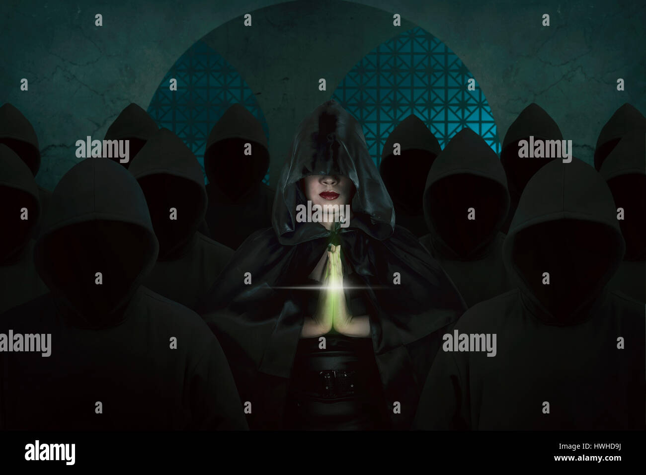asian witch woman inside old castle in the dark room praying with asian witch woman inside old castle in the dark room praying with
