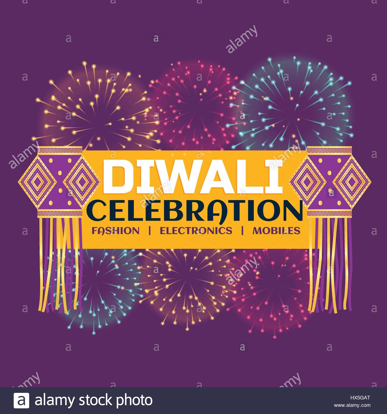 Diwali Festival Celebration Banner With Fireworks And Hanging