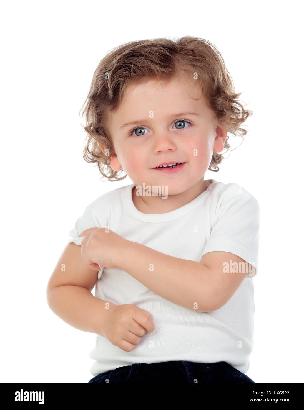 Adorable Baby With Curly Hair Isolated On A White Background Stock