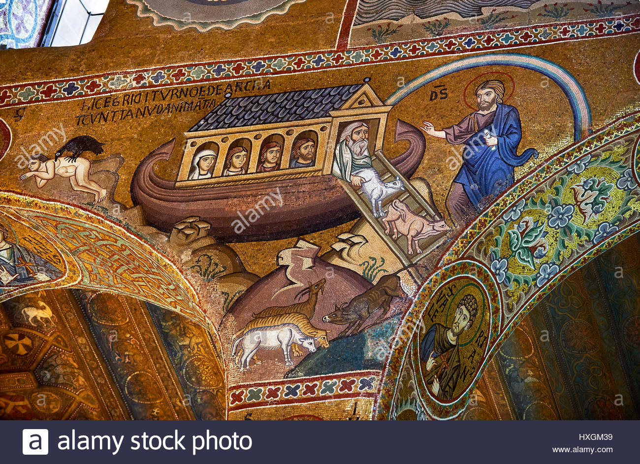 Medieval Byzantine style mosaics of the Bible story of Noah's ark Stock