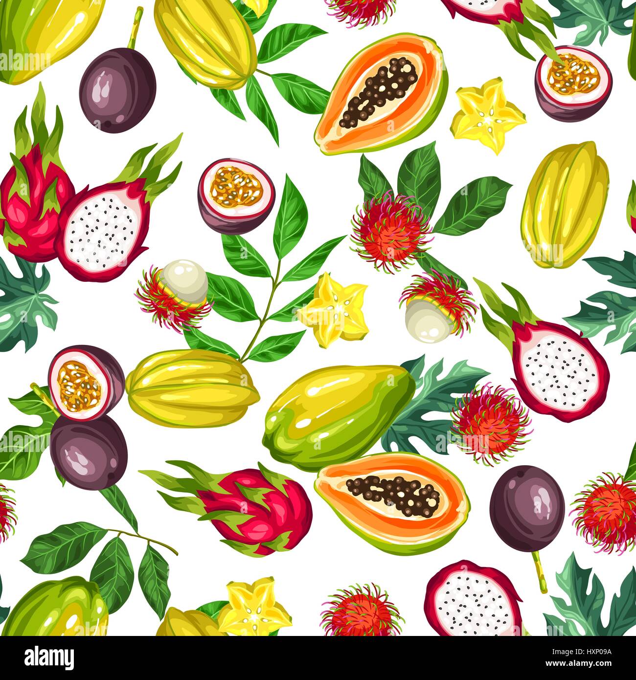 Seamless Pattern With Exotic Tropical Fruits Illustration Of Asian