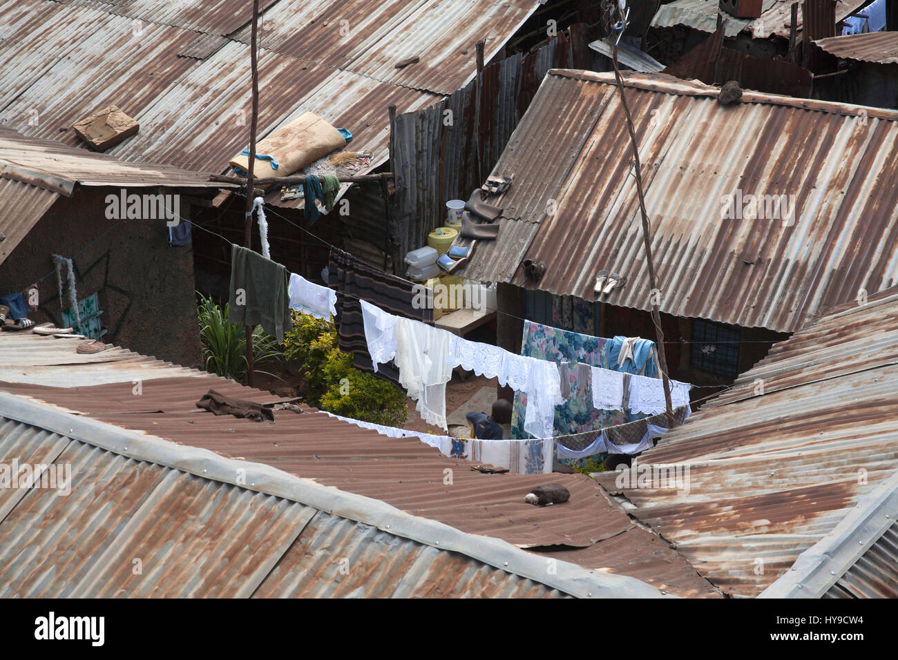 View over rooftops, Kibera slums, Nairobi, Kenya, East Africa Stock