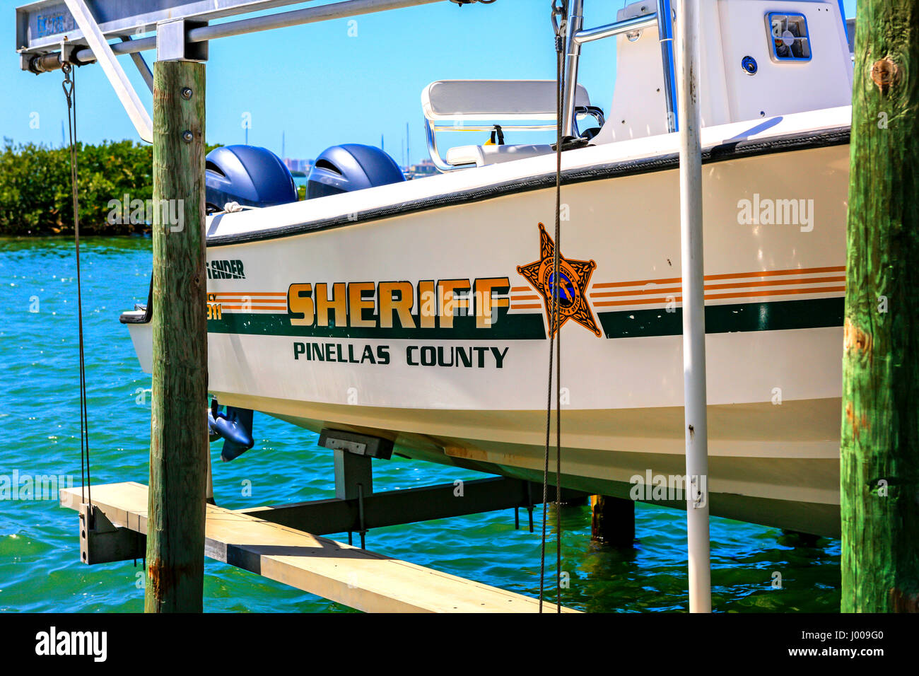 Pinellas County Sheriff boat docked at Dunedin Marina, Florida Stock Photo, Royalty Free Image