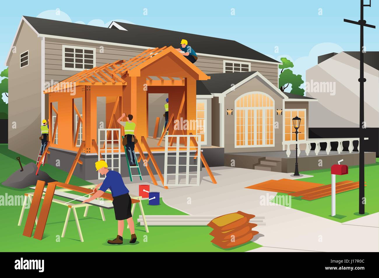 A vector illustration of workers working on home renovation Stock