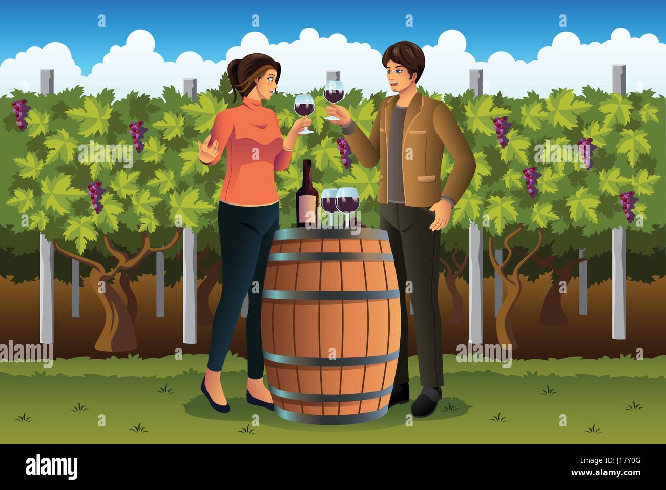 A vector illustration of couple drinking wine in vineyard Stock Vector