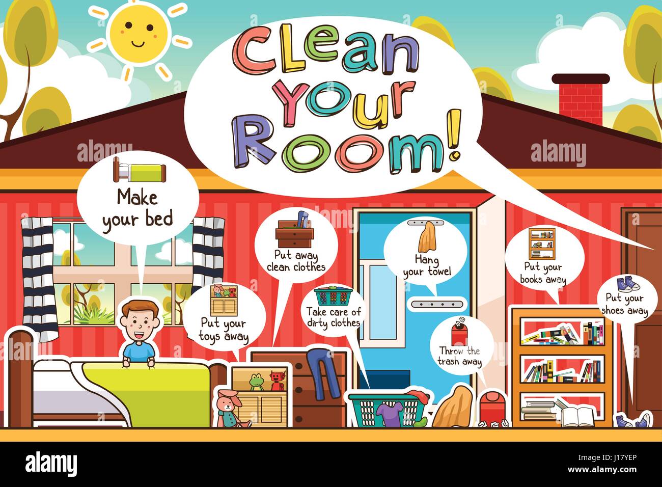 A vector illustration of Kids Cleaning Room Chores Infographic Stock