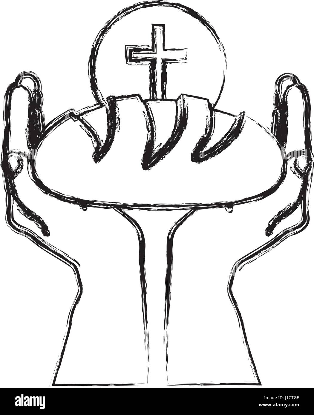 monochrome sketch silhouette of hands holding bread with sphere with ...