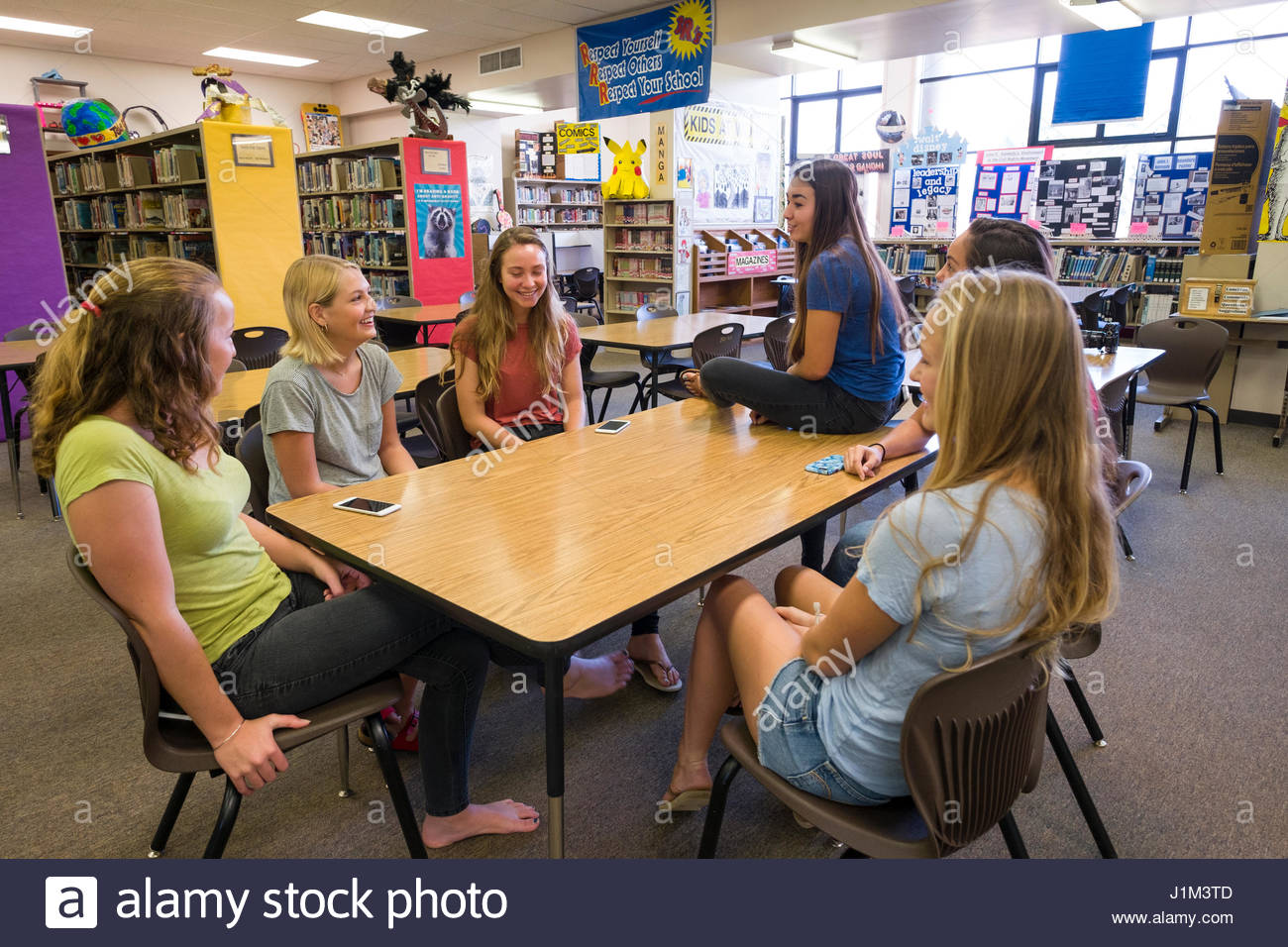 Group of teenage girls sitting around table in school library, USA