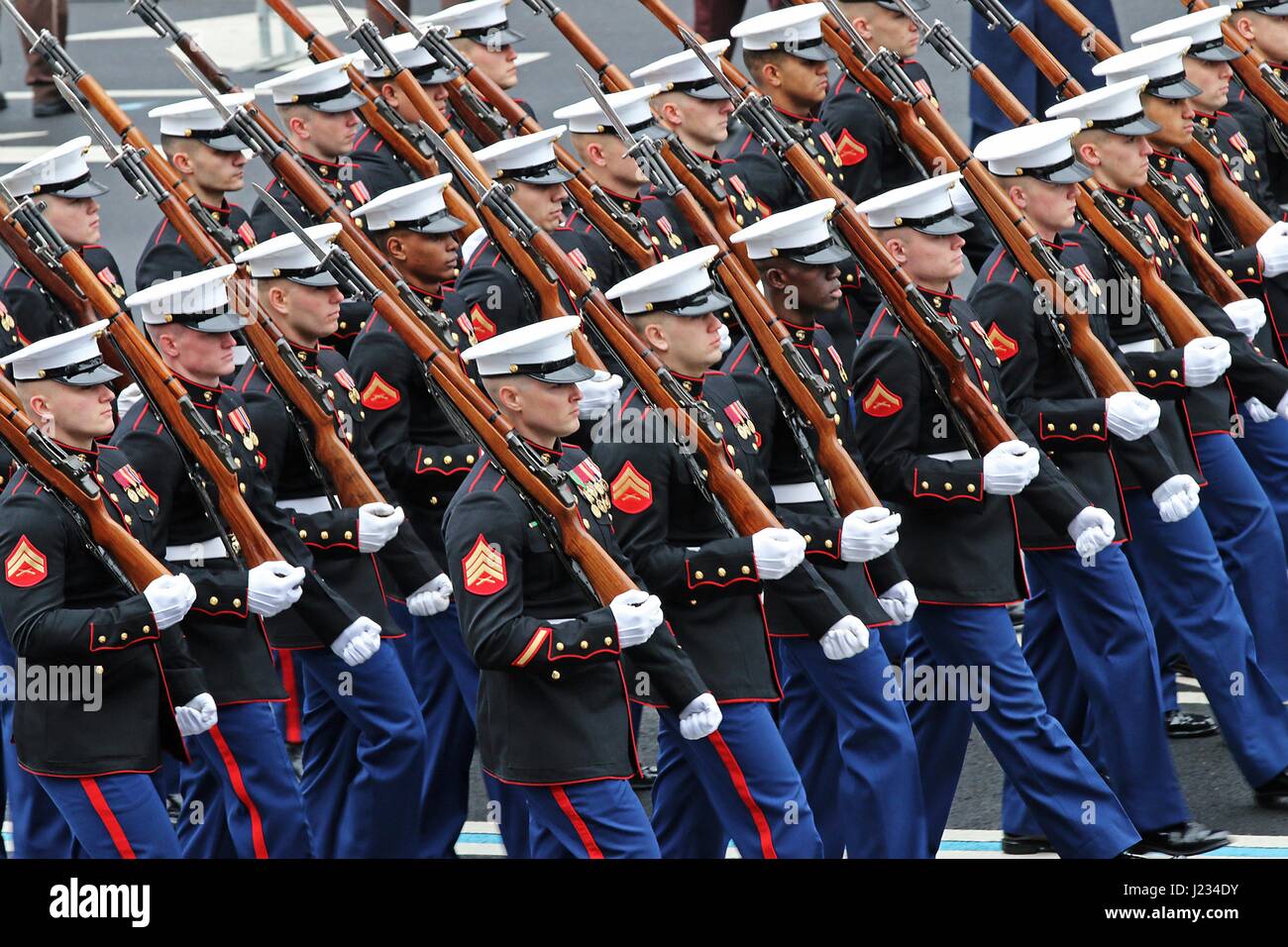 U.S. Marine Corps Honor Guard soldiers march down Pennsylvania Avenue