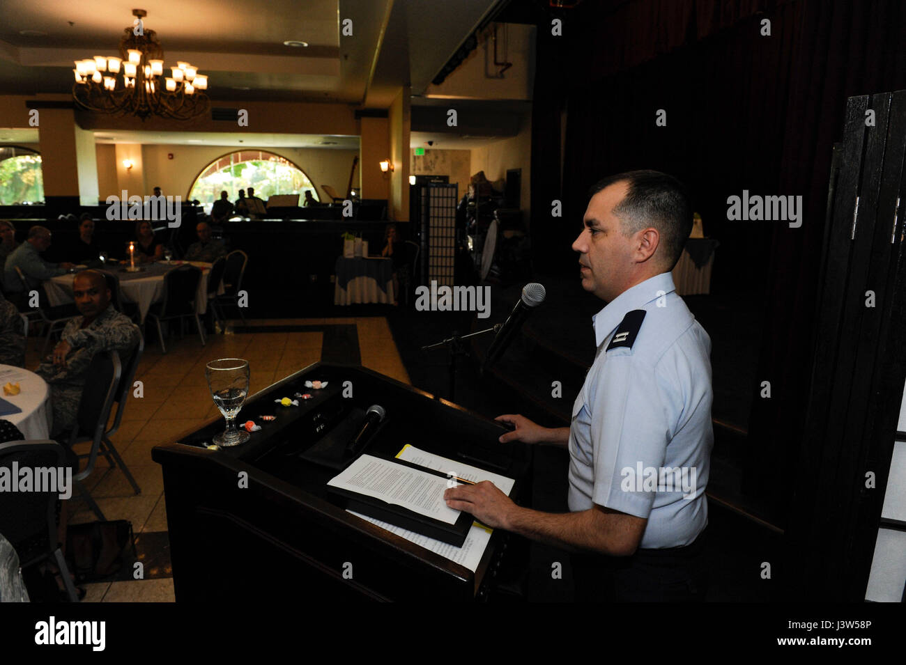 U.S. Air Force Capt. James Taylor, 18th Wing chaplain, speaks during