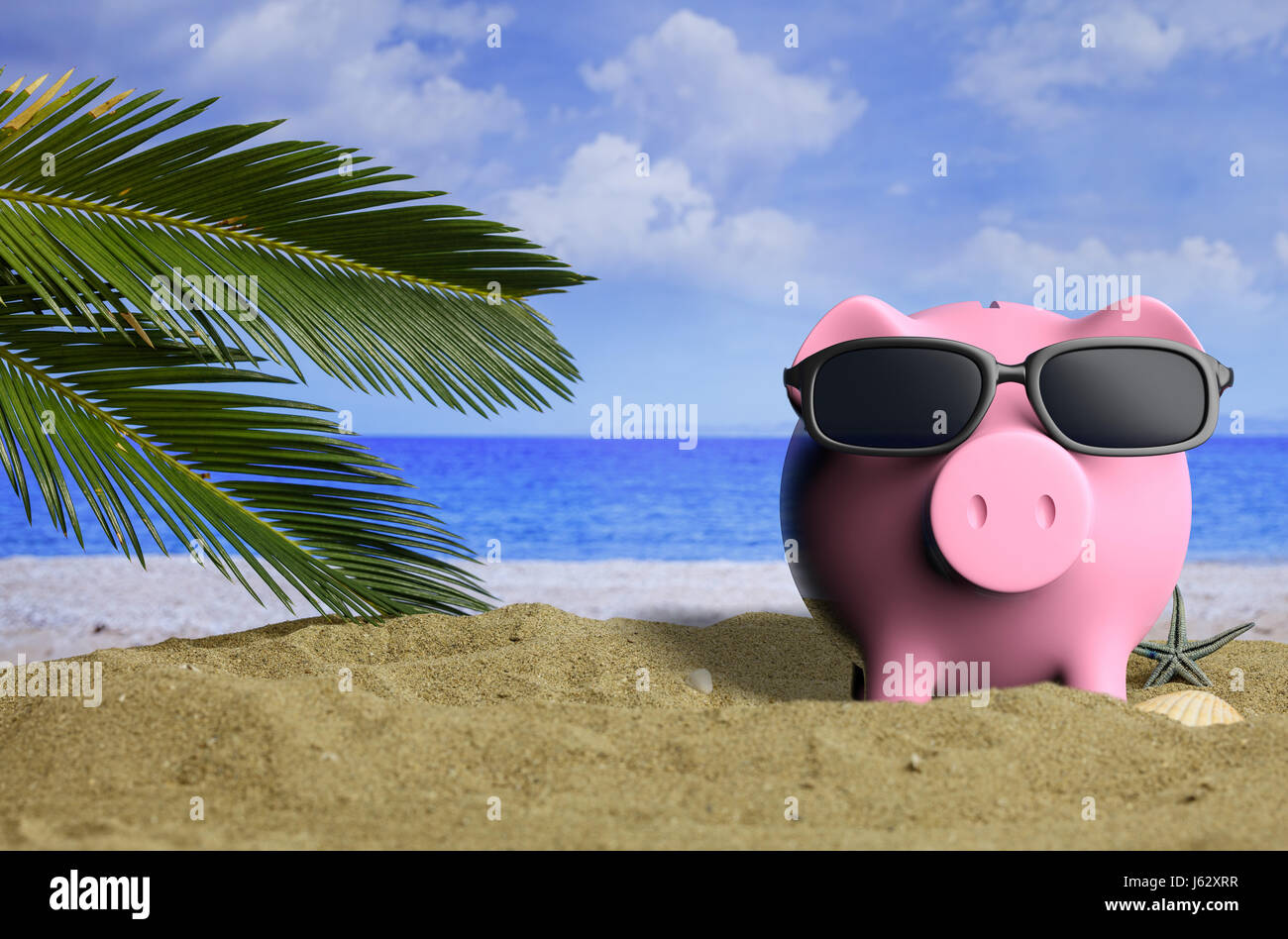 summer low budget holidays piggy bank on a sandy beach 3d stock budget holidays