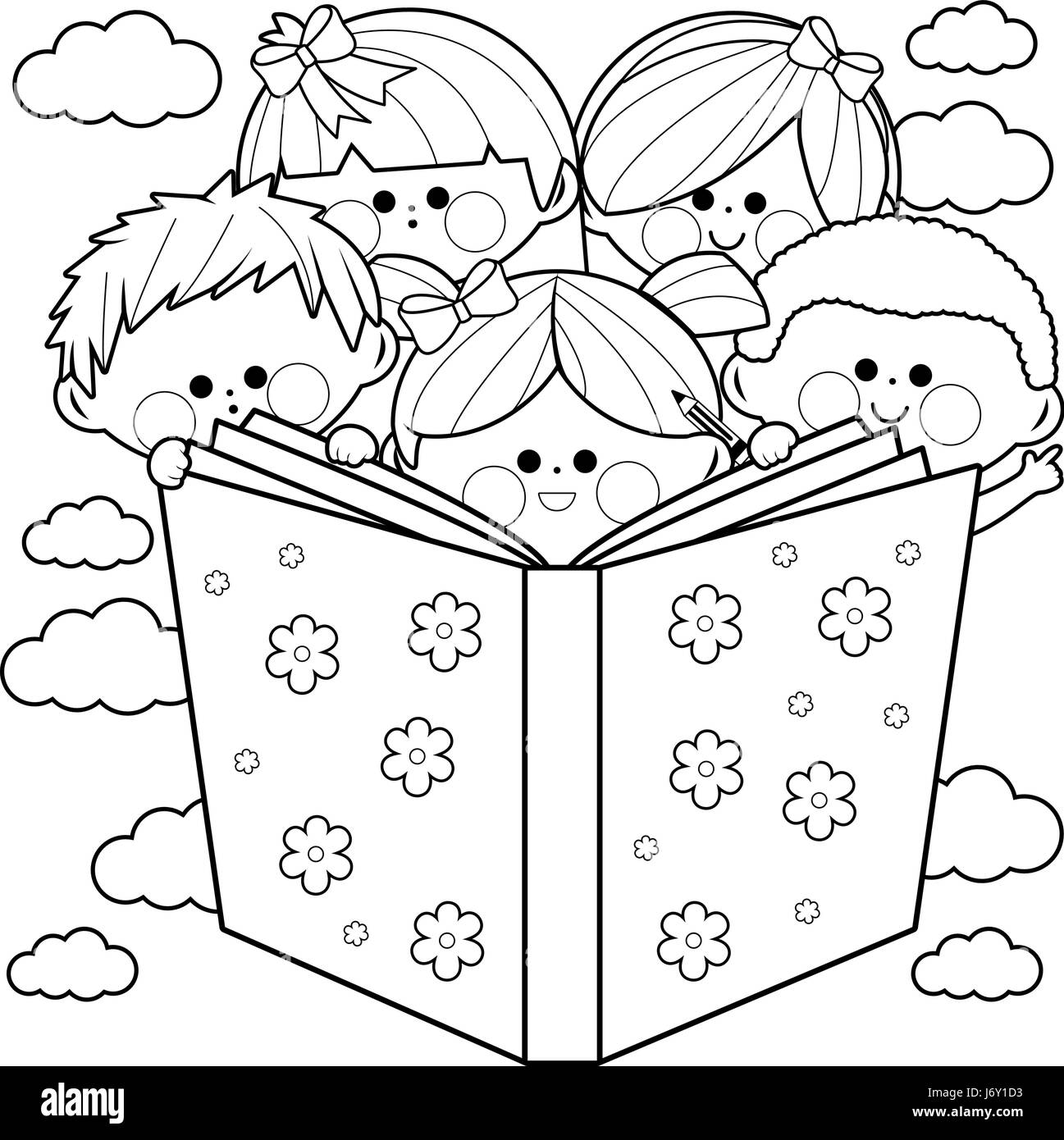 Group of kids reading a book coloring book page