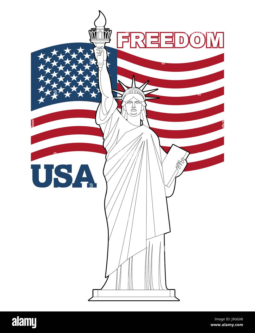 Statue of Liberty and American flag. Symbol of freedom and ...