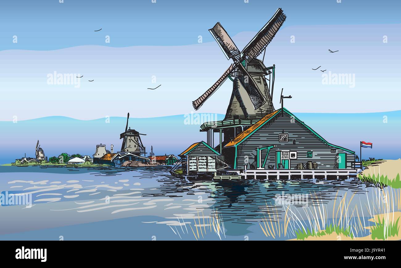 Graphic Vector Hand Drawing Engraving Colored Illustration Of Watermill