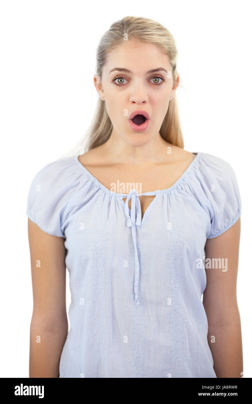 Surprised Blonde Woman Looking At Camera Stock Photo Alamy