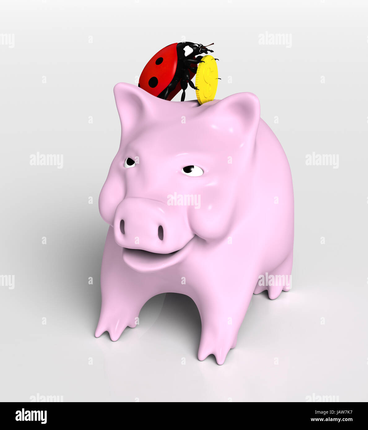 View Of A Ladybug On Top Of A Piggy Bank That Stands Up And Puts A - Stock Photo View Of A Ladybug On Top Of A Piggy Bank That Stands Up Andputs A Golden Coin Into Its Slot On A Neutral Background view of a ladybug on top of a piggy bank that stands up and puts a - stock photo view of a ladybug on top of a piggy bank that stands up andputs a golden coin into its slot on a neutral background