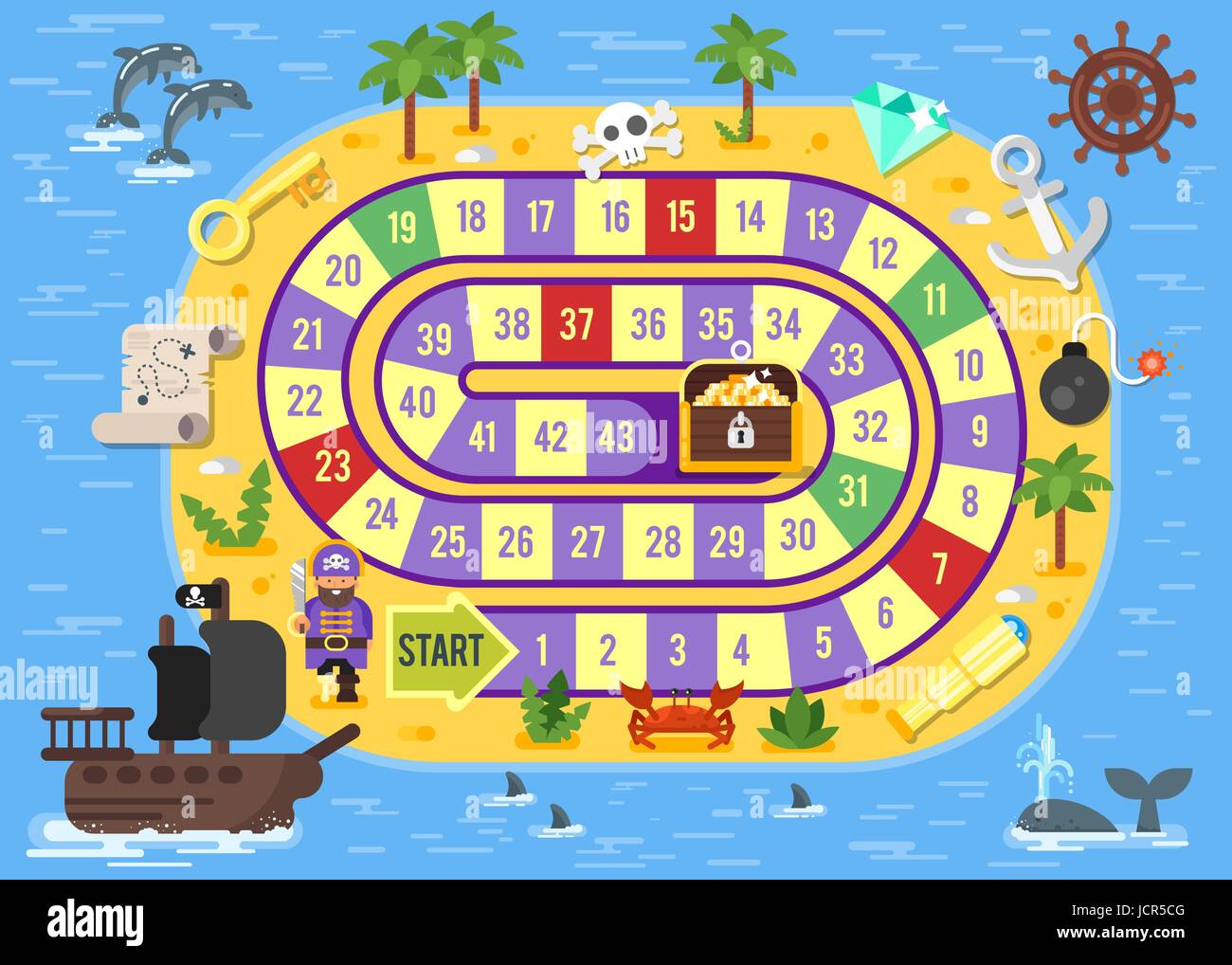 Vector Flat Style Illustration Of Kids Pirate Board Game Template For Print Vector Flat Style Illustration Of Kids Pirate Board Game Template For Print