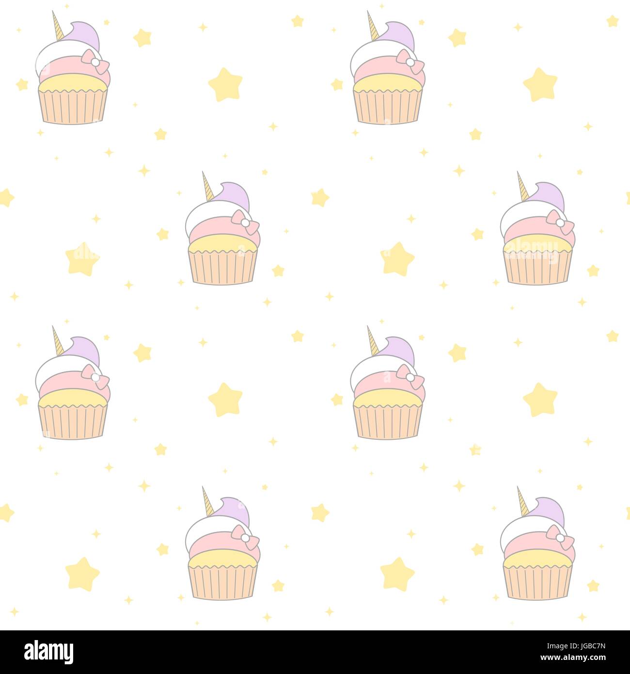 Cute Cartoon Unicorn Cupcake Seamless Vector Pattern Background