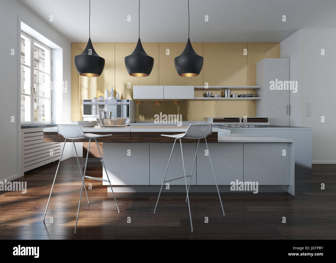 Modern design kitchen interior with golden wall in an urban loft ... Modern design kitchen interior with golden wall in an urban loft ...