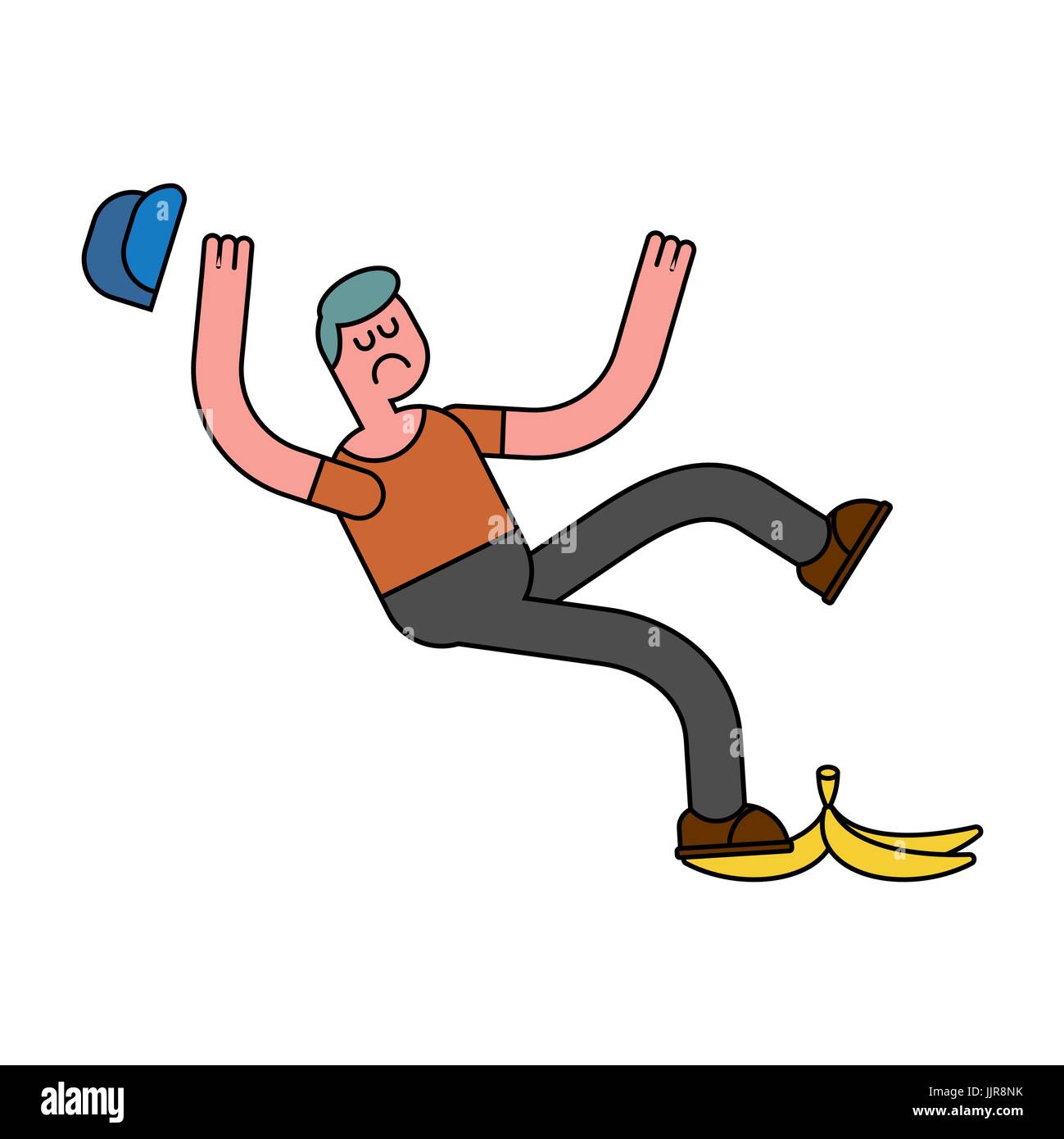 Fall on banana. Slip on banana peel. guy flopped. Man fell Stock Vector