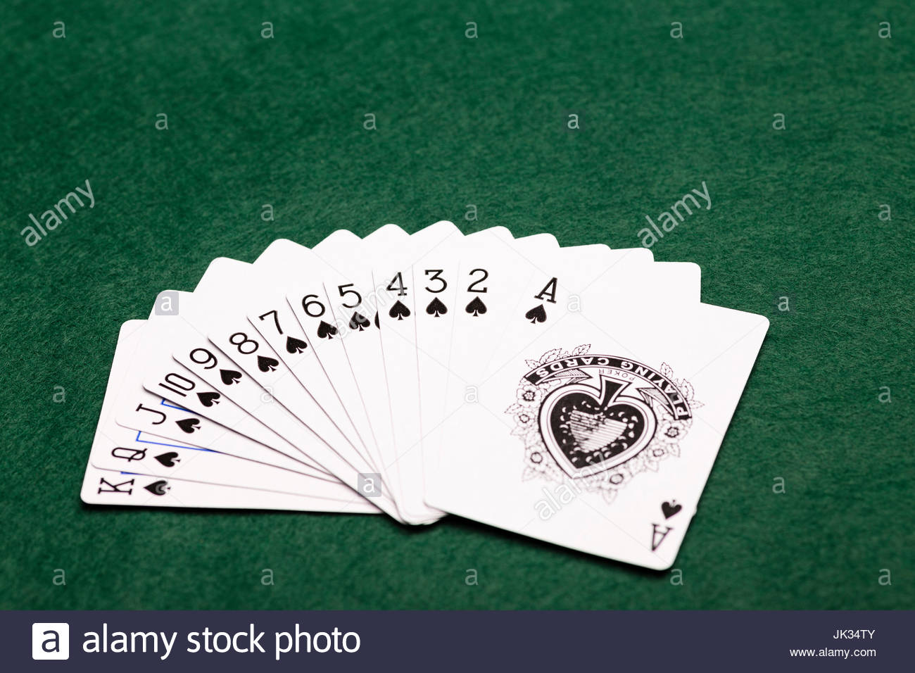 A full suit of thirteen Spades playingcards laid out in a fan shape