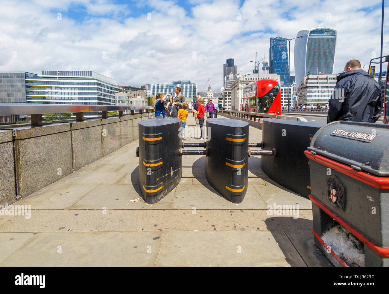 Antivehicle barriers erected on the pavement on London Bridge in the