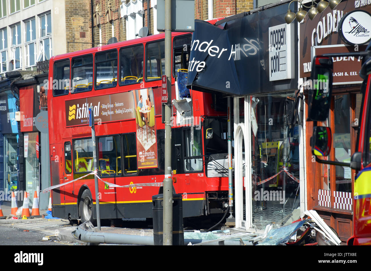 London, UK, Battersea 10/08/2017 Bus crashes into Poggen Pohl ... London, UK, Battersea 10/08/2017 Bus crashes into Poggen Pohl ...