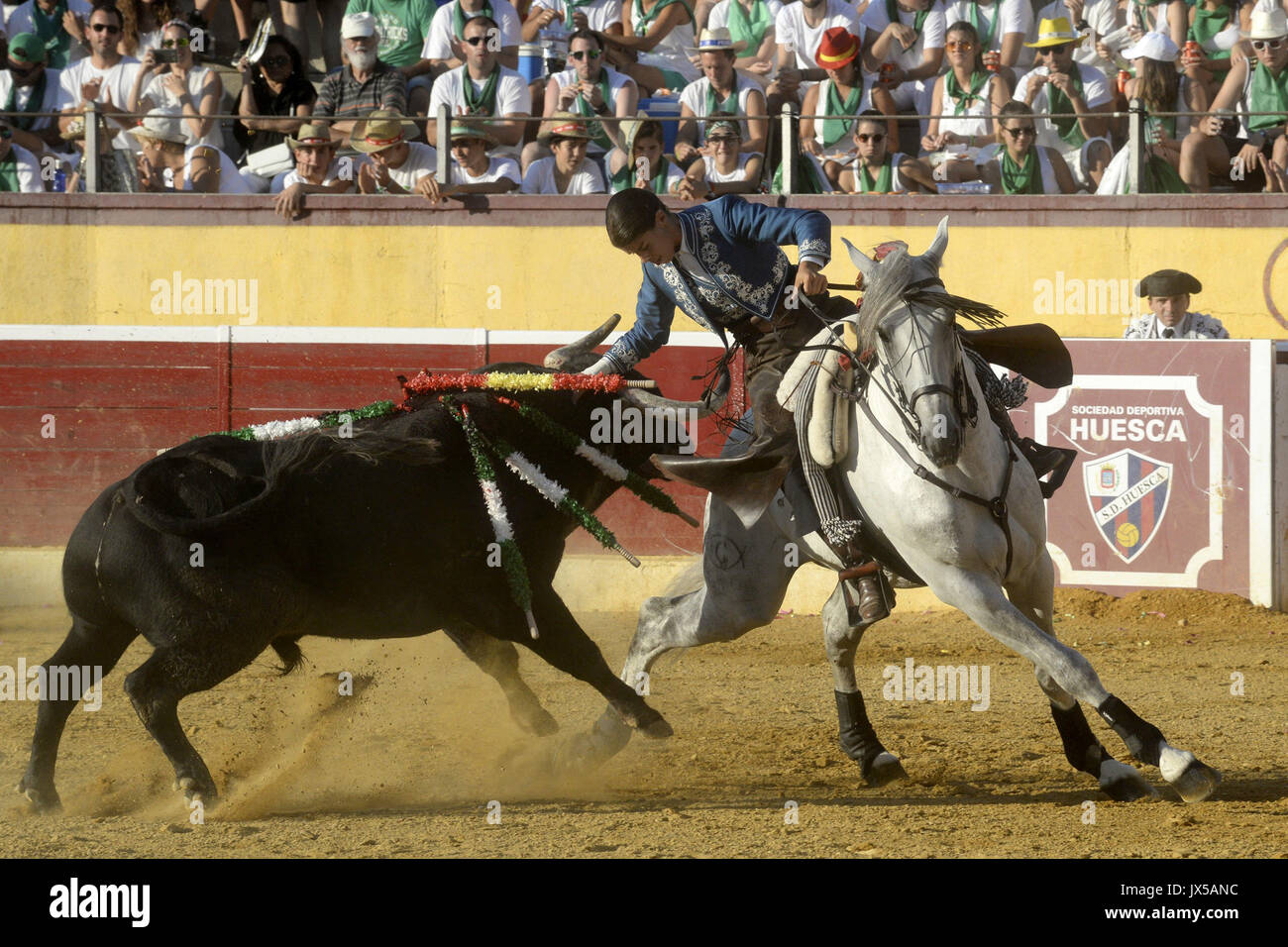 French mounted bullfighter Lea Vicens in action against her first Stock