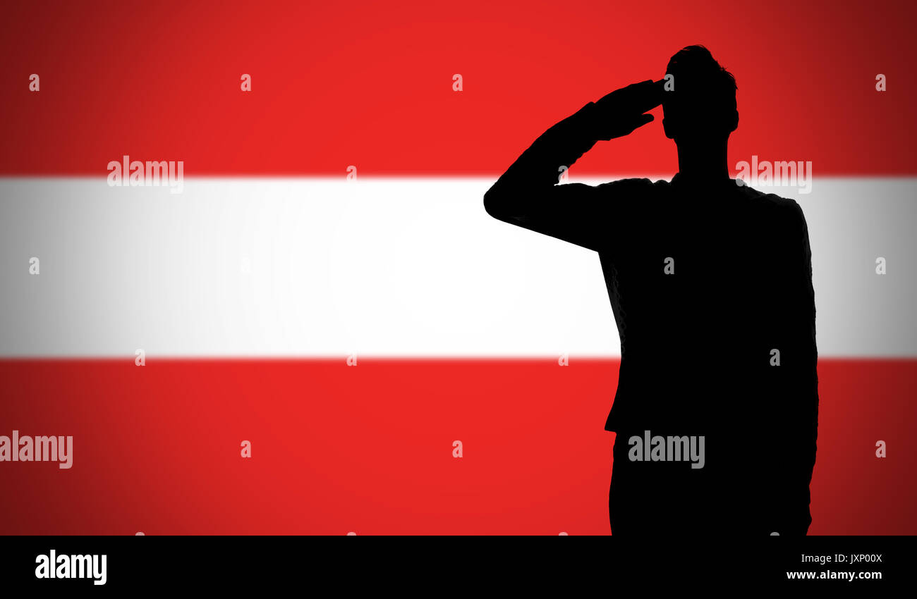 silhouette of a soldier saluting against the austria flag