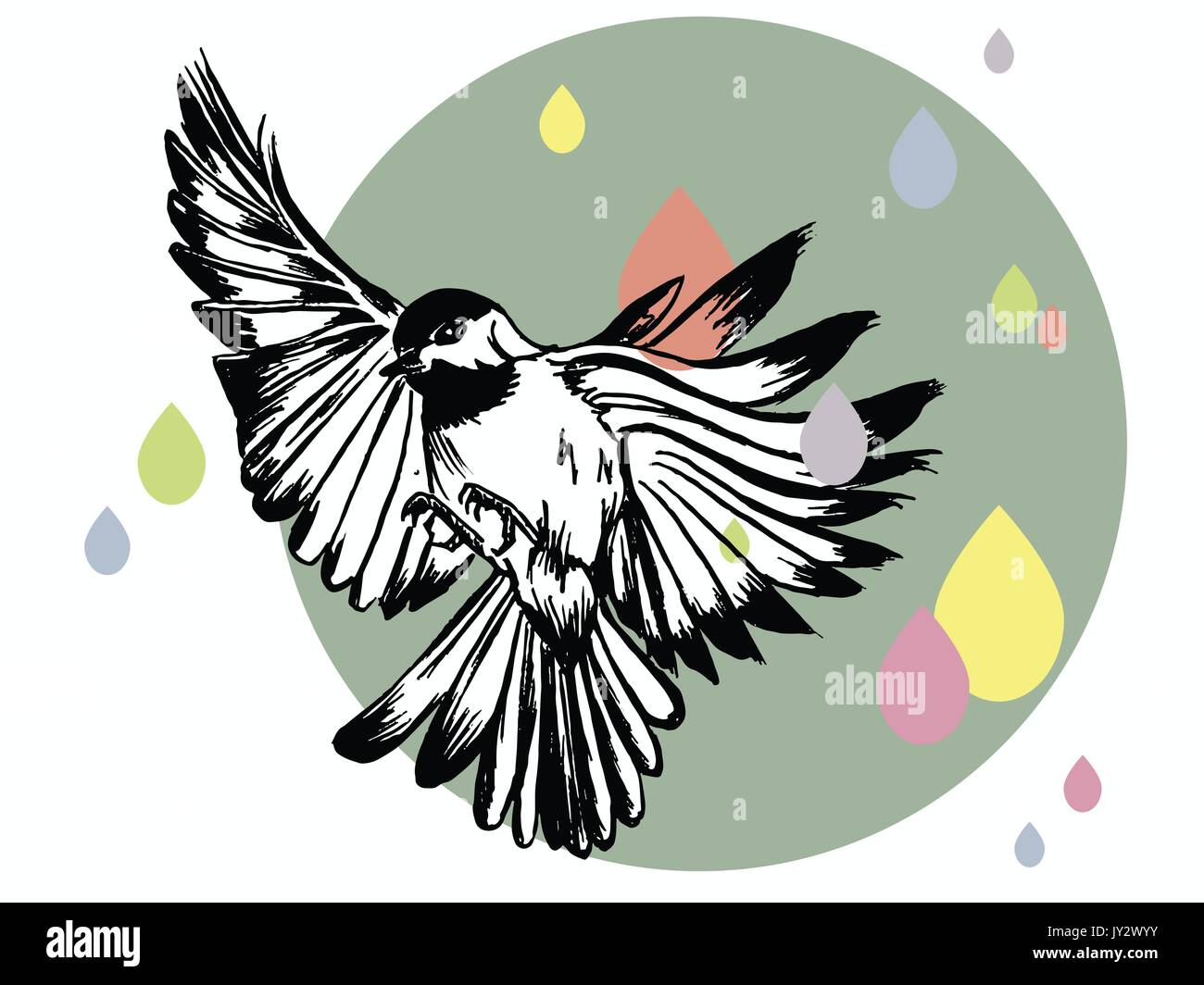 Vector Illustration Of A Hand Drawn Bird On Flat Design Grey Blue Circle And Pastel Coloured Rain The Background