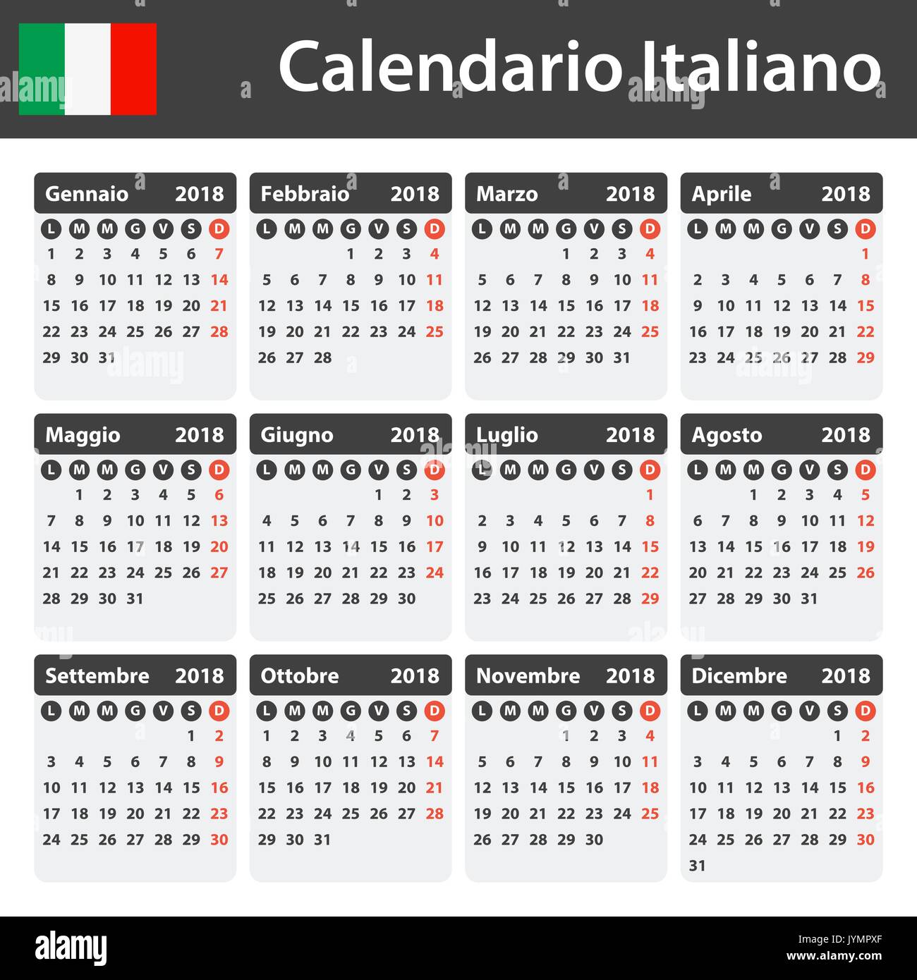 Italian Calendar for 2018. Scheduler, agenda or diary template. Week