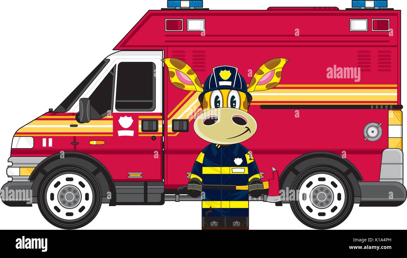 Cute Cartoon Giraffe Fireman Firefighter And Fire Truck Vector