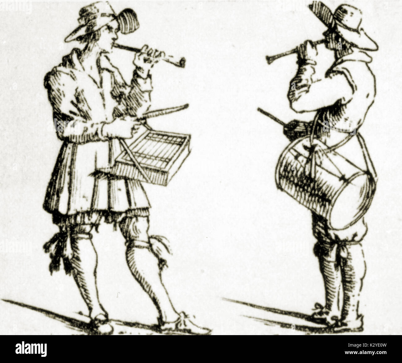 Drawing of Renaissance musicians playing (L) Shawm and dulcimer; (R